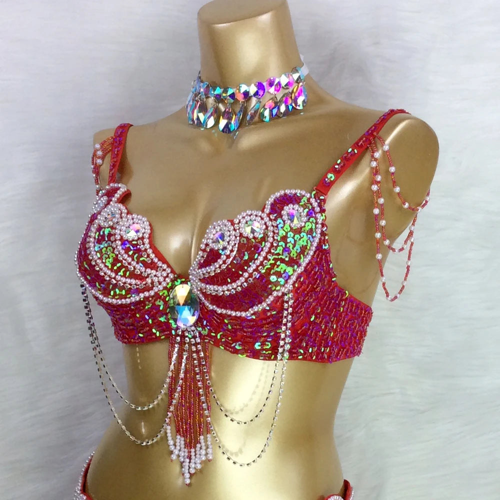 Beaded Showgirl Dance Costume Wear Bra+Belt Set Carnival Costumes