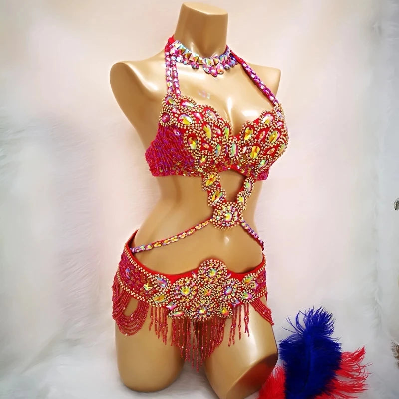 Hot Sale Women's Beaded Crystal Belly Dance Costume Wear Bra+Belt Set Sexy Bellydancing Suit Bellydance Clothes
