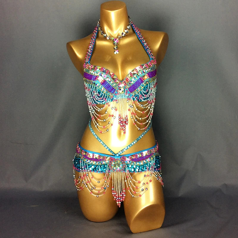 New Women's Beaded Belly Dance Costume Halloween Wear Bar+Belt 2pcs Set Christmas Party Dancing Wear Rave Outfit
