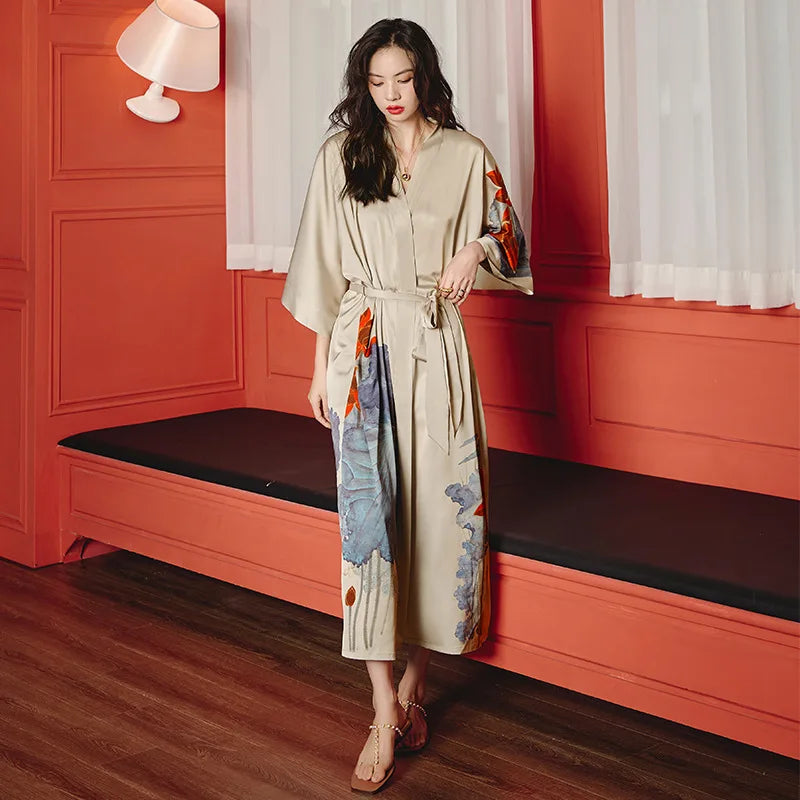 2025 Summer Satin Print Women's Plus Size Light Luxury Three-Quarter Sleeves Cool-Feeling Long Robe Pajamas Women's Loungewear