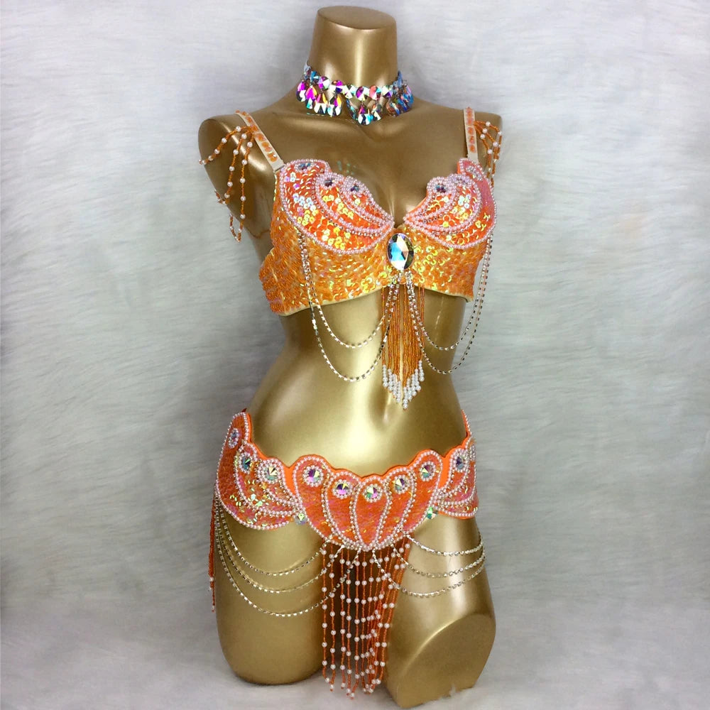 New Arrival Women's Beaded Belly Dance Costume Wear Bra+Belt Set Sexy Ladies Bellydancing Carnival Costumes Bellydance Clothes