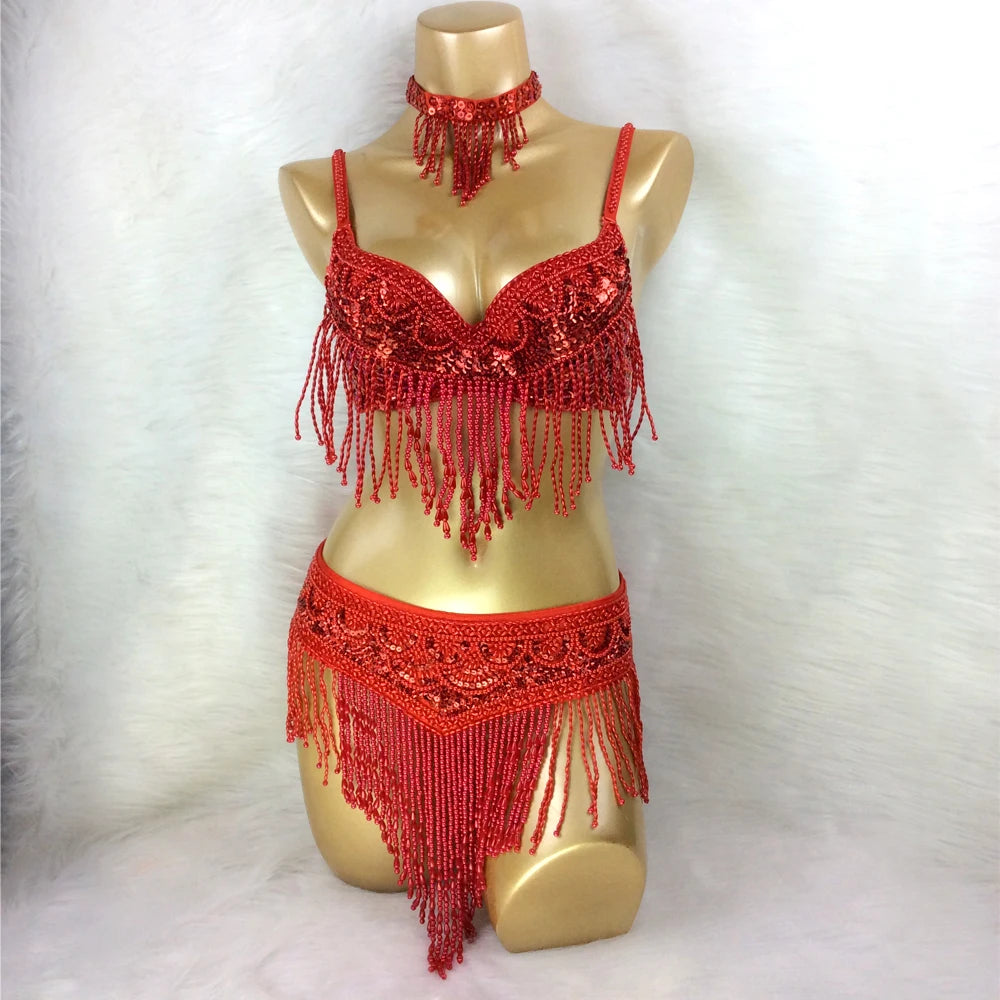 Hot Sale Women Belly Dance Costume 3pcs/set Bra Belt Necklace 4 Colors Ladies Sexy Professional Dance Costumes