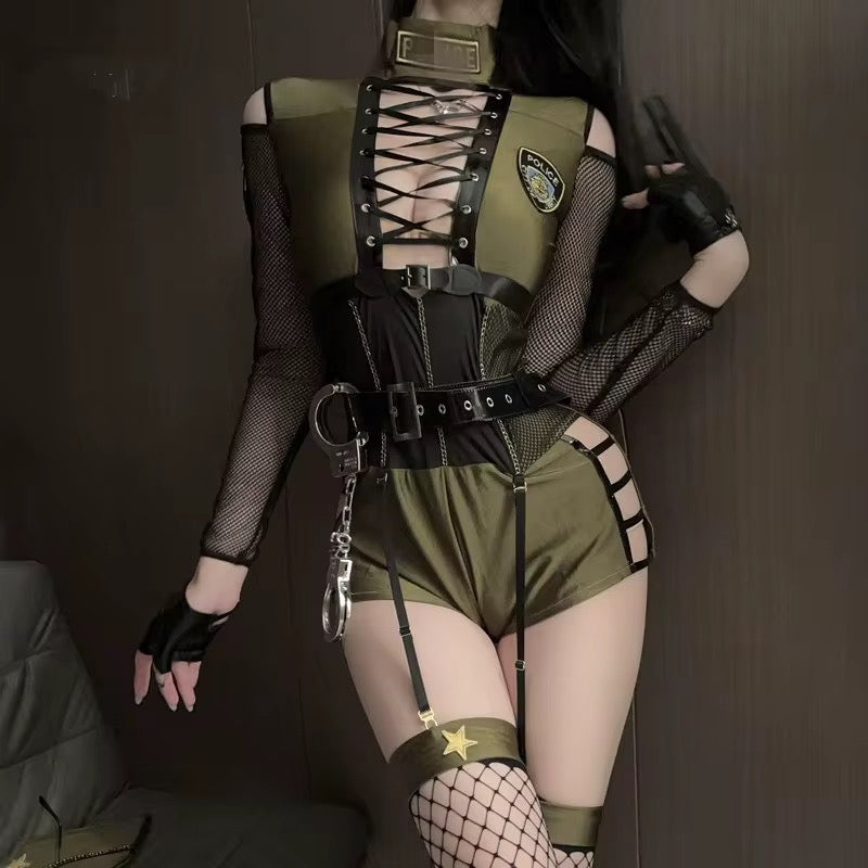 Sexy Police/Army Cosplay Costume Halloween costume w/accessories black / army green
