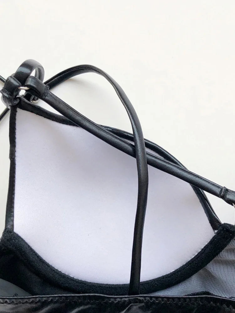 Shiny Faux Leather PU Bikini Women Swimsuit Bra cup