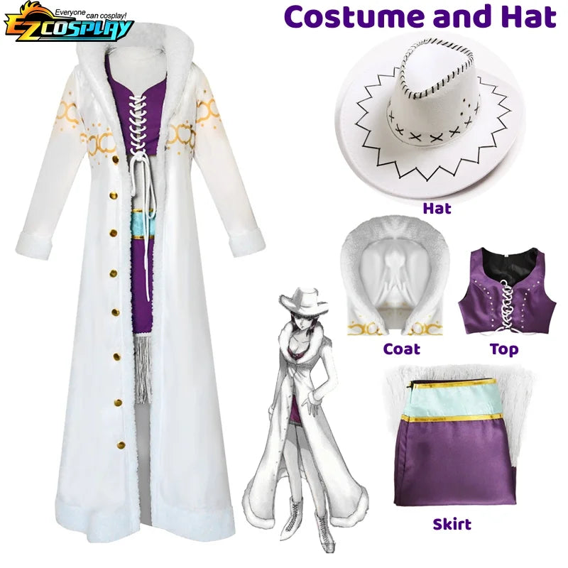 Nico Robin Cosplay Costume Anime One Piece Purple Dress Uniform Long Fur White Cloak Punk Outfit Halloween for Adult