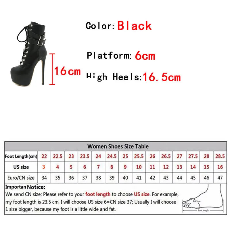 Liyke Sexy Buckle Strap 16.5 CM Extreme High Heels Platform Boots For Women Round Toe Cross Lace Up Party Club Stripper Shoes