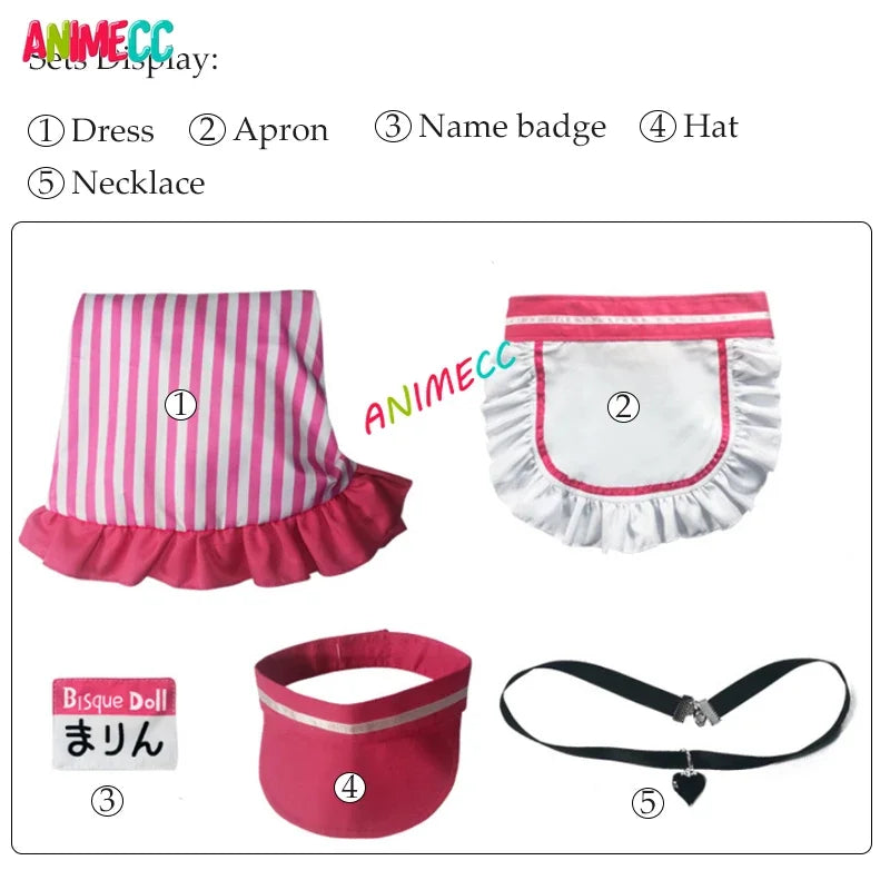 ANIMECC in Stock Marin Kitagawa Cosplay Costume Wig Pink Waitress Sweet Maid Dress Anime Halloween Party for Women