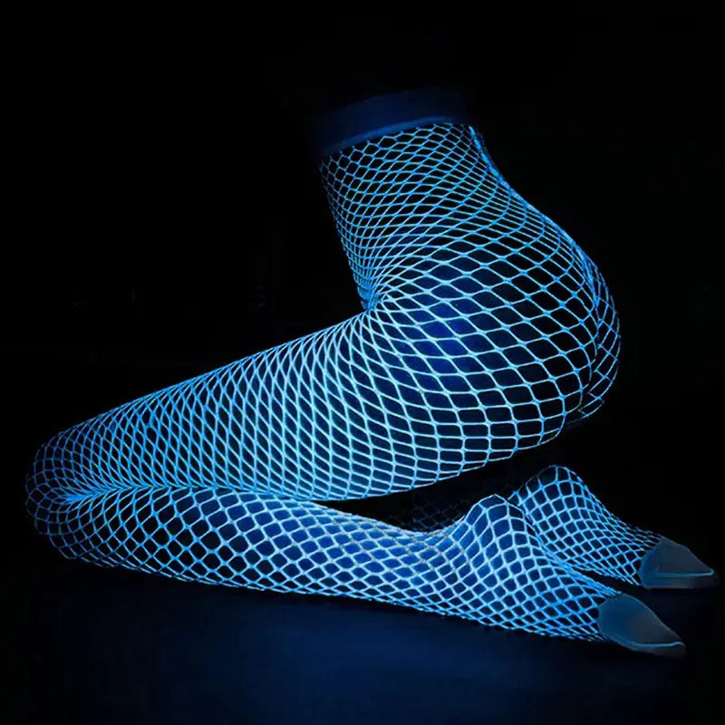 Night Fluorescent Women's Long Socks Fishnet Body Stockings Curve Lingerie Y2k Mesh Fabric High Waist Sex Tights Sexy Bodysuits