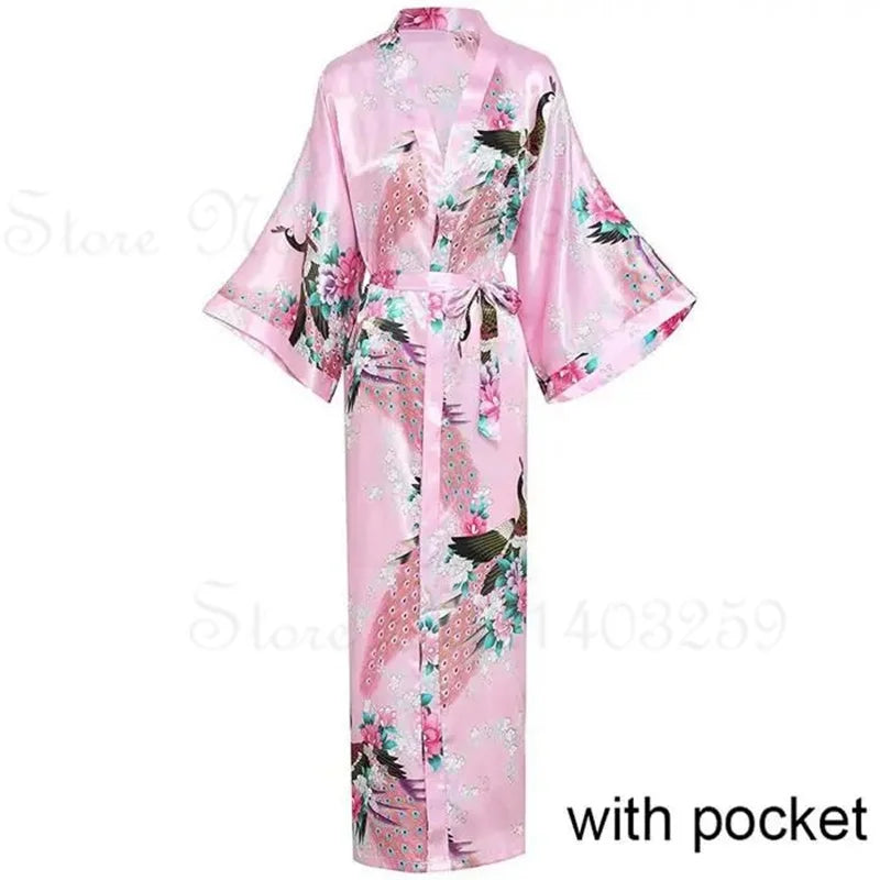 Women Long Robe Kimono Bathrobe Gown with Pockets Sexy Wedding Bride Bridesmaid Dressing Gown Oversize Satin Homewear Loungewear