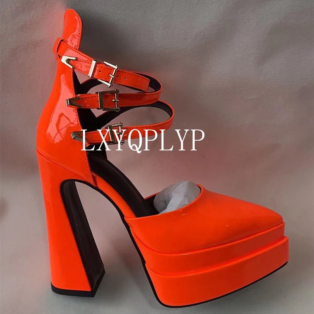 Pointed Toe Patent Leather Roman THICK HEELS Women's Platform Summer Thick High HeelS