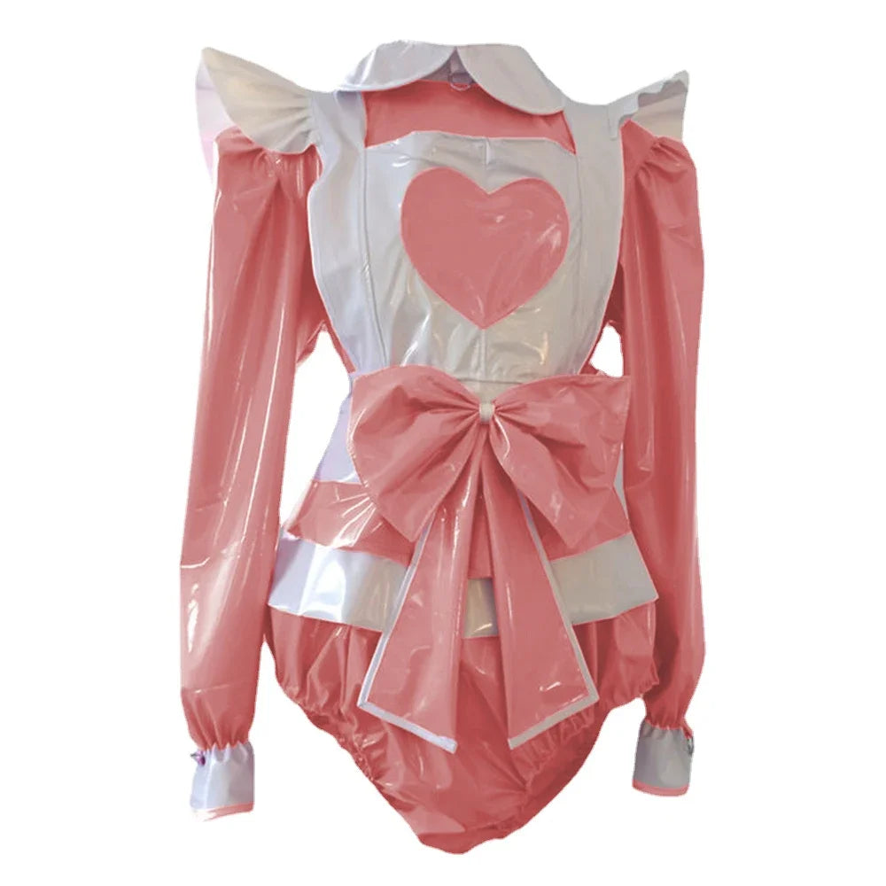 Long Sleeve heart Rompers Maid style with Big Bow Apron Spandex PVC Leather Cosplay Suits