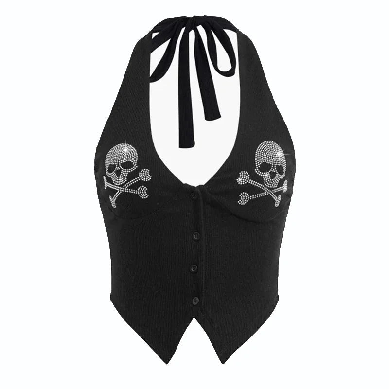 Goth Dark Skull Rhinestone Mall Gothic Halter Tops Grunge Aesthetic Button Up Emo Crop Top Punk Sexy Backless Bandage Alt Outfit