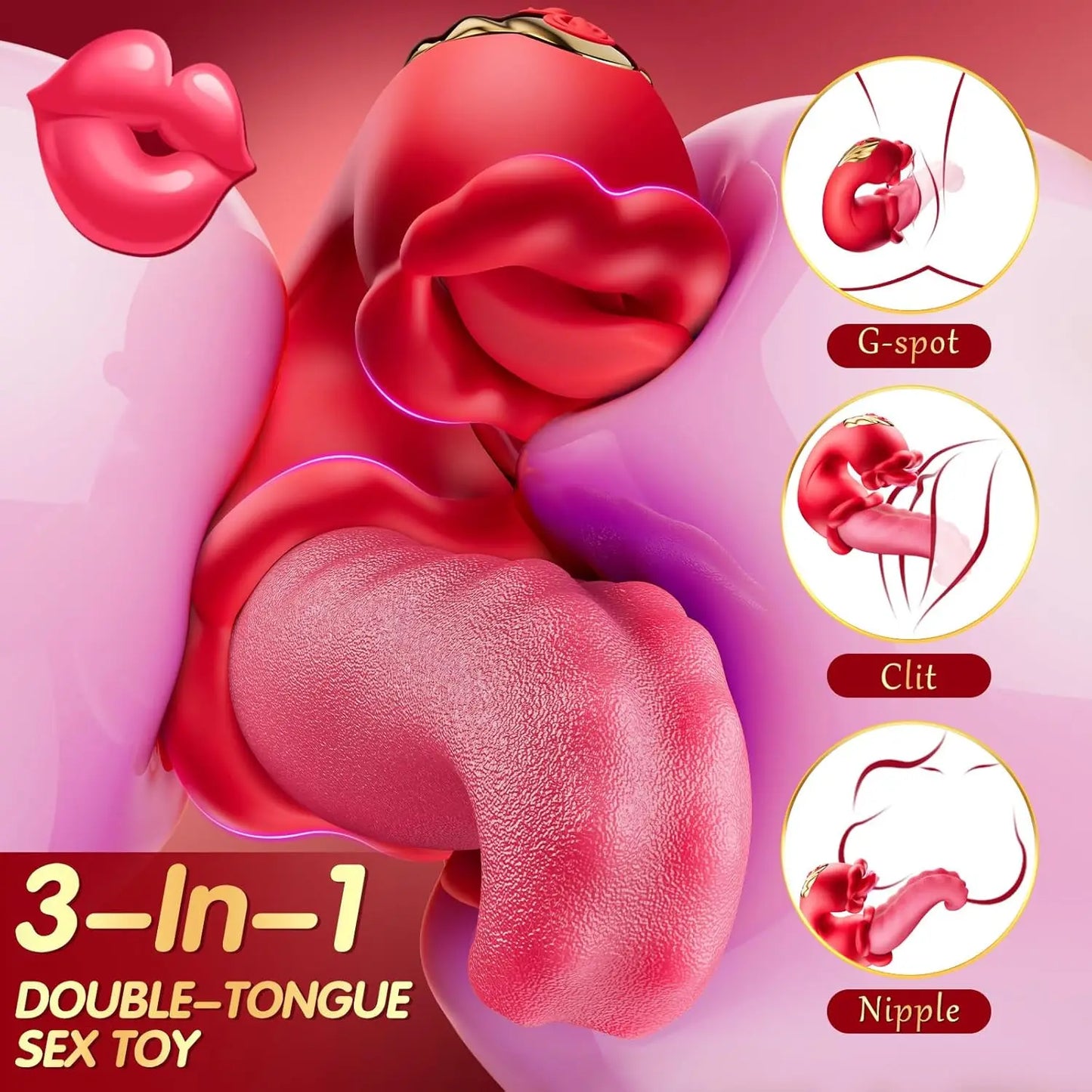 3 In 1 Tongue Thrust Vibrator Rose Sex Toy 10 Cunnilingus Vibration Modes Rocking Sucking Clitoris Stimulator For Women