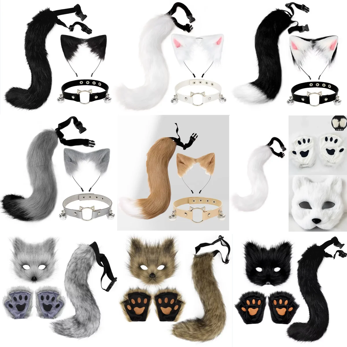 Fox Cat Ears Mask+Tail +Gloves,Fluffy Animal Headwear Ears Hairpin+Tail +Bell,Hair Hoop Set for Halloween Cosplay Accessories