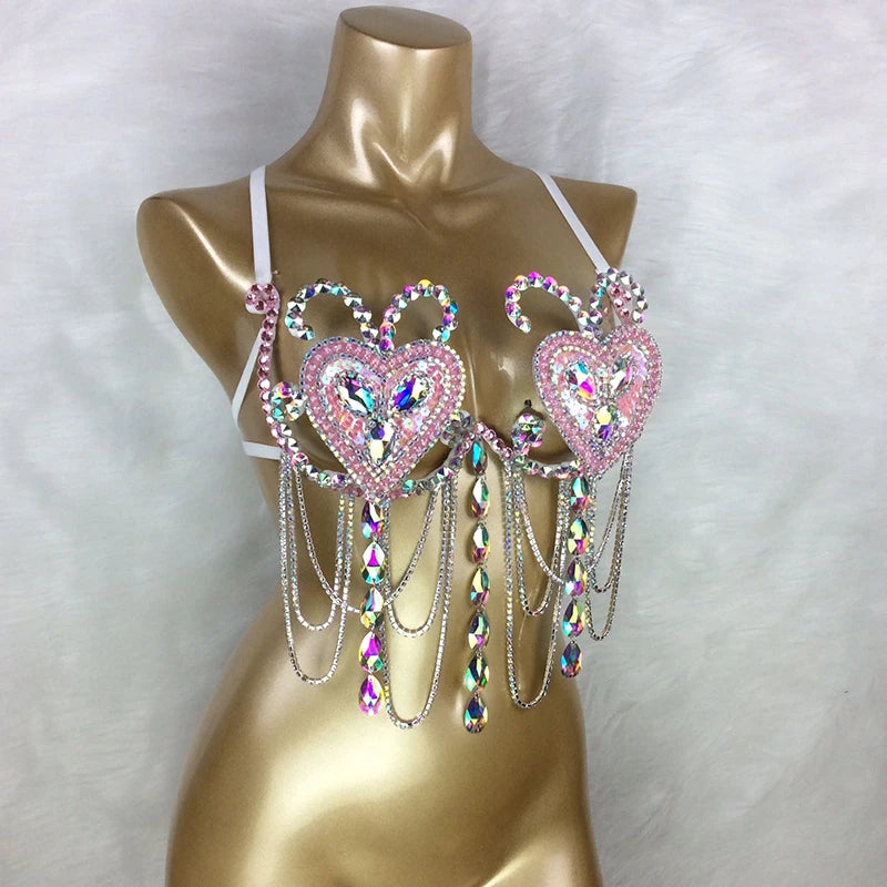 Samba Carnival Bra Rainbow Pink & RED Stone Belly dancing WIRE BRA message to order direct from Ashburn.
