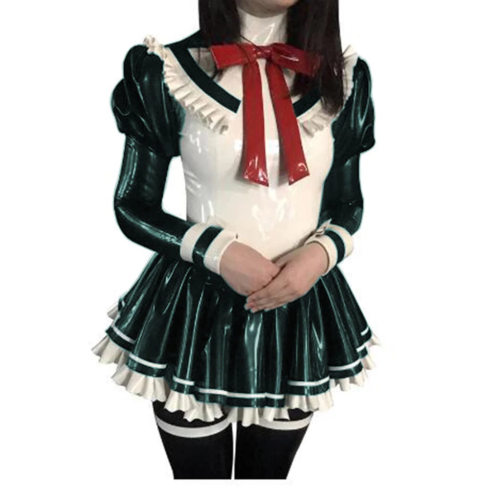 Cosplay Custom Mini Dress Sexy Faux Latex French Maid Club Dresses Long Puffs Sleeves Ruffles PVC Uniform Outfit Clubwear