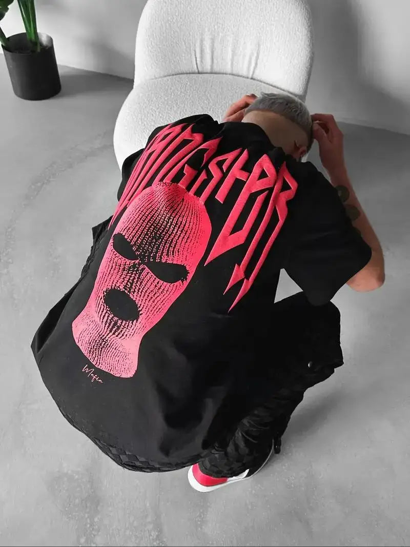 24/25 High-quality American High Street Masked Person Printed T-shirt for Men Oversized Loose Harajuku Short Sleeved Tops