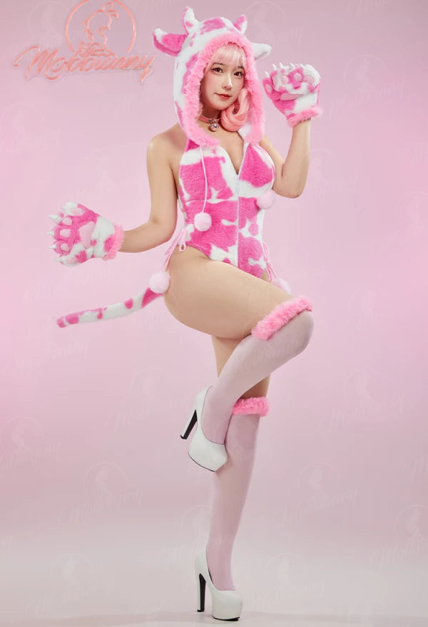 Mobbunny Women Christmas Lingerie Plush Bodysuit Cow Print Paw Cosplay Costume Hooded Romper with Paw Gloves and Thigh Socks