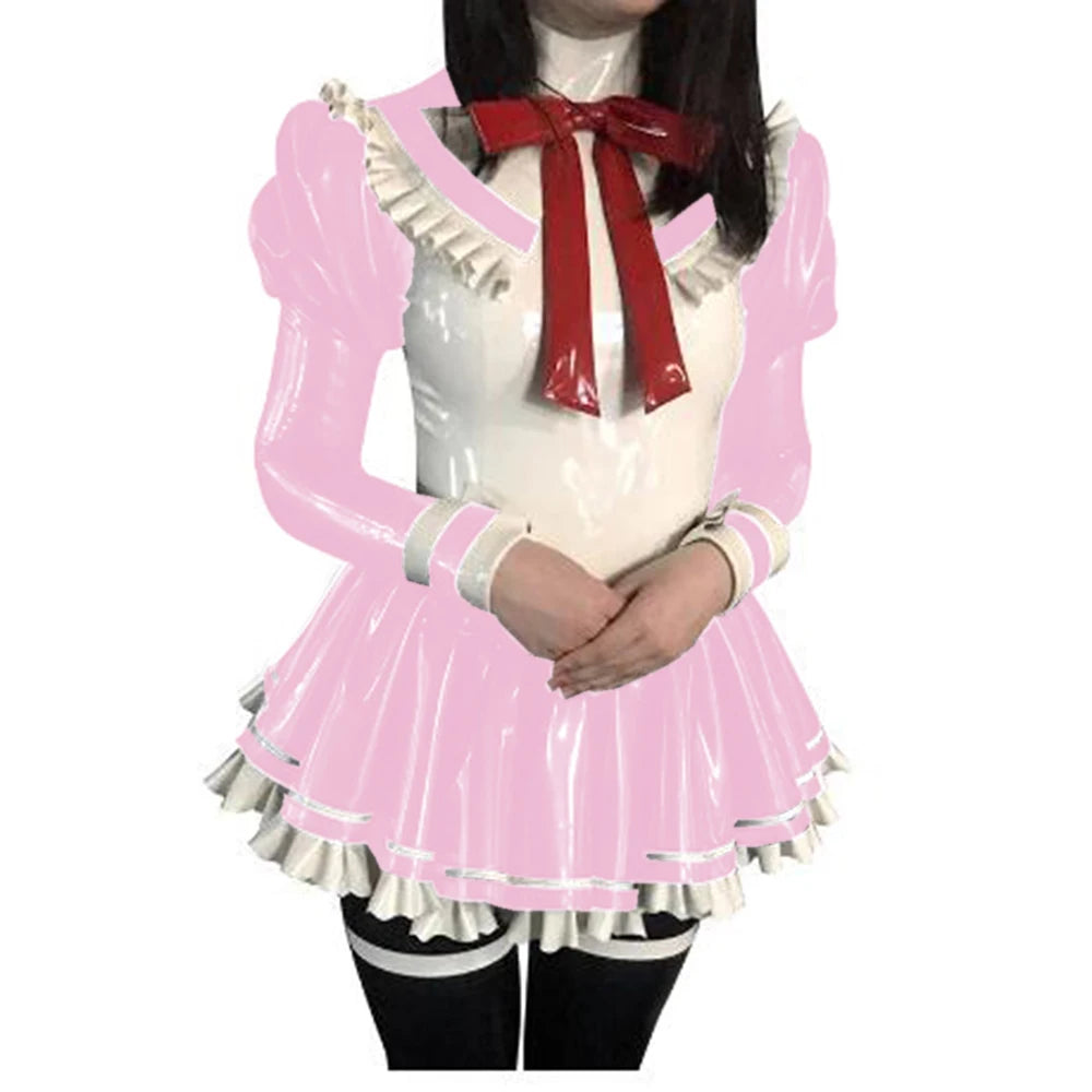 Cosplay Custom Mini Dress Sexy Faux Latex French Maid Club Dresses Long Puffs Sleeves Ruffles PVC Uniform Outfit Clubwear