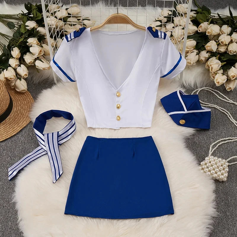 Toucheart Preppy Style Sexy Uniform Sets Women Sexy Uniform Suit Sheer Top+Lace Up Mini Skirt+Thongs Hollow Cosplay Porn Suits