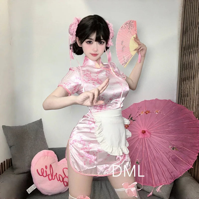 Sexy Mini High Split Cheongsam Women Vintage Button Short Sleeve Qipao Traditional Chinese Silm Dresses Cosplay Costume
