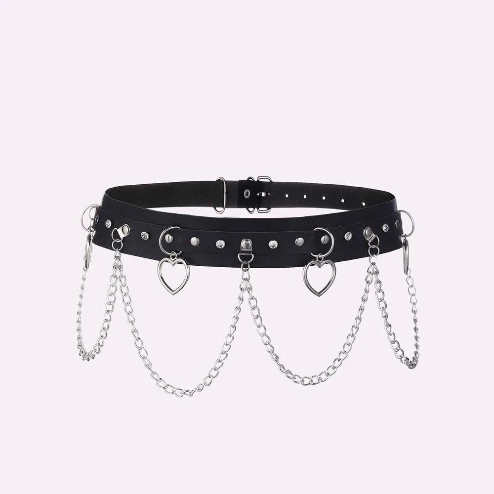 Moon Pendant Chain Fringe Goth Belt Punk Black PU Leather Belts Vintage Waistband For Women Girls