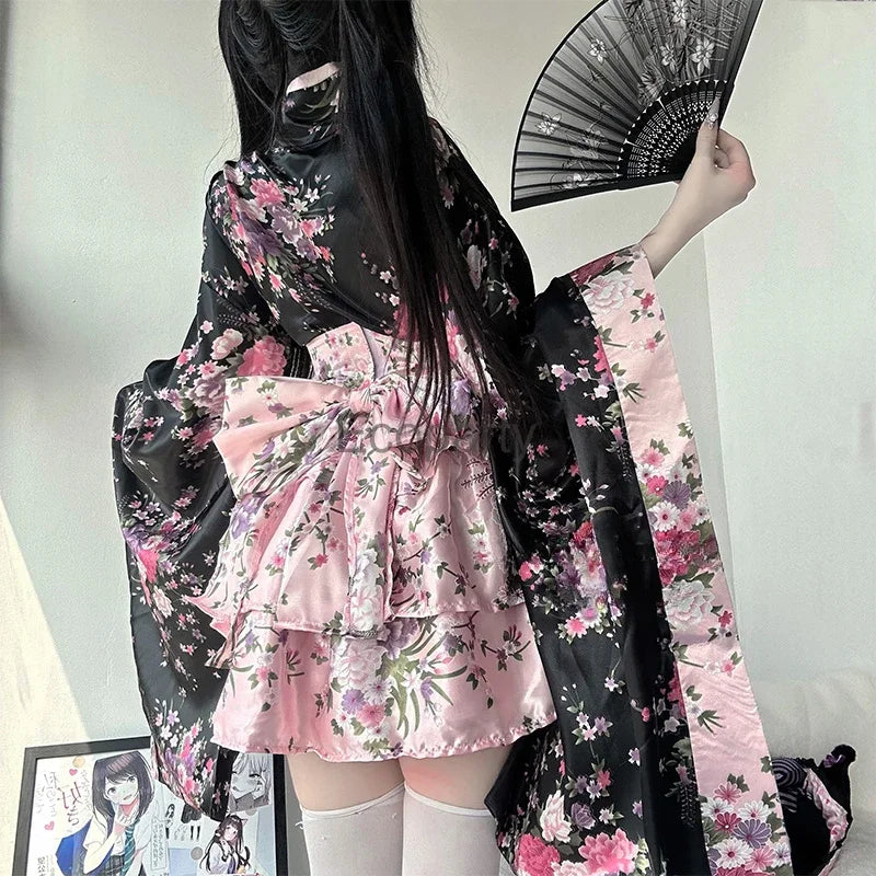 6pcs Traditional Japanese Kimono Robe Kawaii Pink Sakura Printed Bowknot Lolita Dress Halloween Party Geisha Cosplay Costumes