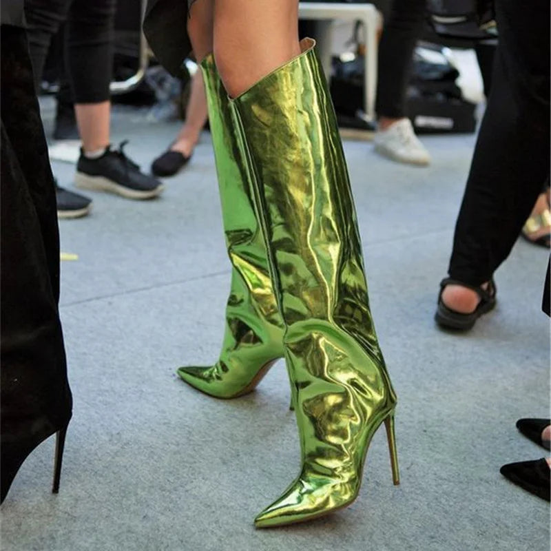Knee High Boots Candy Colors Mirror Leather Women Knee High Boots High Heels Stilettos Runway Shoes for Women High Heel Boots