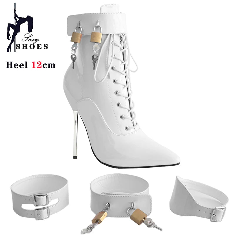 New High Heel 12cm Stilleto Sexy Ankle Boots Pointed Toe Two Lockable Padlocks Women Shoes T Show Thin High Heels Plus Size