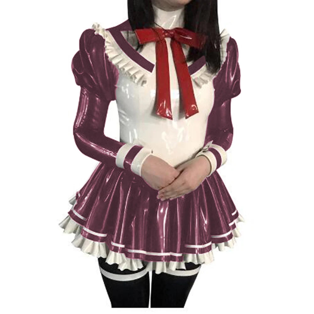 Cosplay Custom Mini Dress Sexy Faux Latex French Maid Club Dresses Long Puffs Sleeves Ruffles PVC Uniform Outfit Clubwear