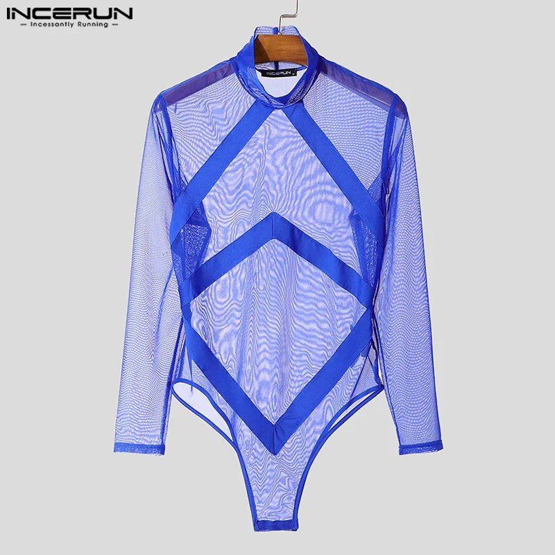 Fashion Casual Men's Jumpsuits INCERUN Perspective Mesh Splicing Strap Design Bodysuit Sexy Male Hot Selling Thin Homewear S-3XL
