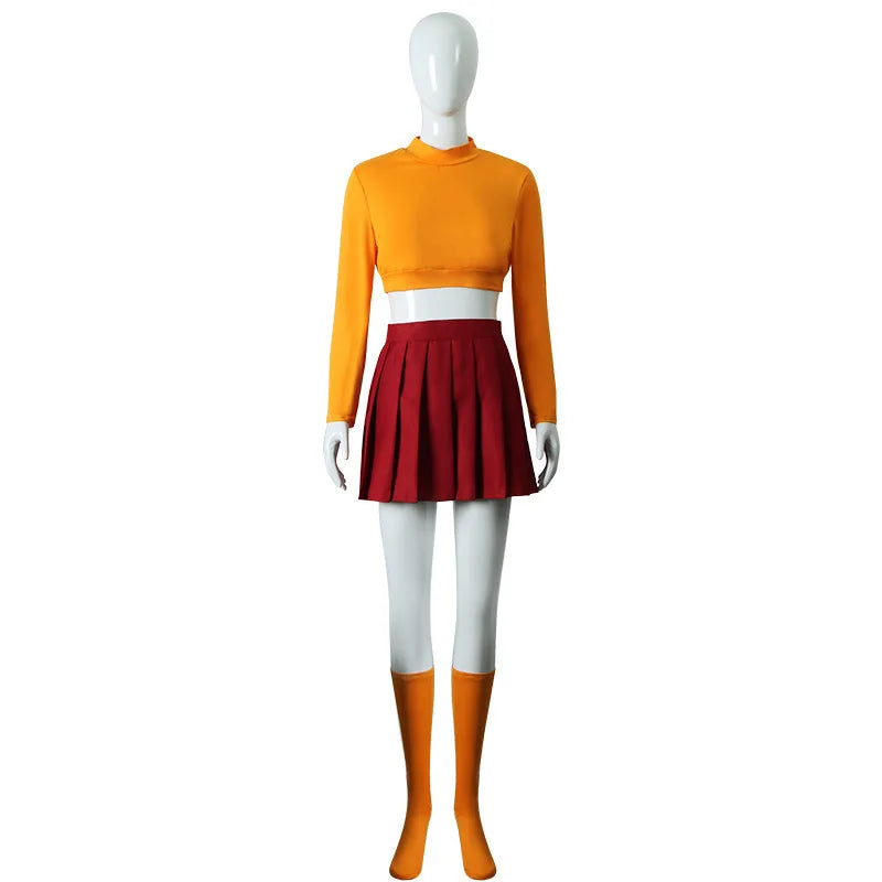 Anime Velma Seragam Cosplay Kostum Orange Short Skirt Uniform Wanita Oranye Kaus Kaki Rok Atas Halloween Party Carnival Set