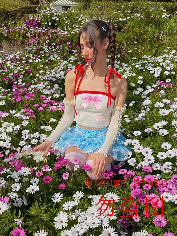 Mikumn Harajuku Kawaii Blue Ruffles Pumpkin Pants Women Cute Lace Bow Lolita Safety Short Pants Vintage Victorian Bloomers