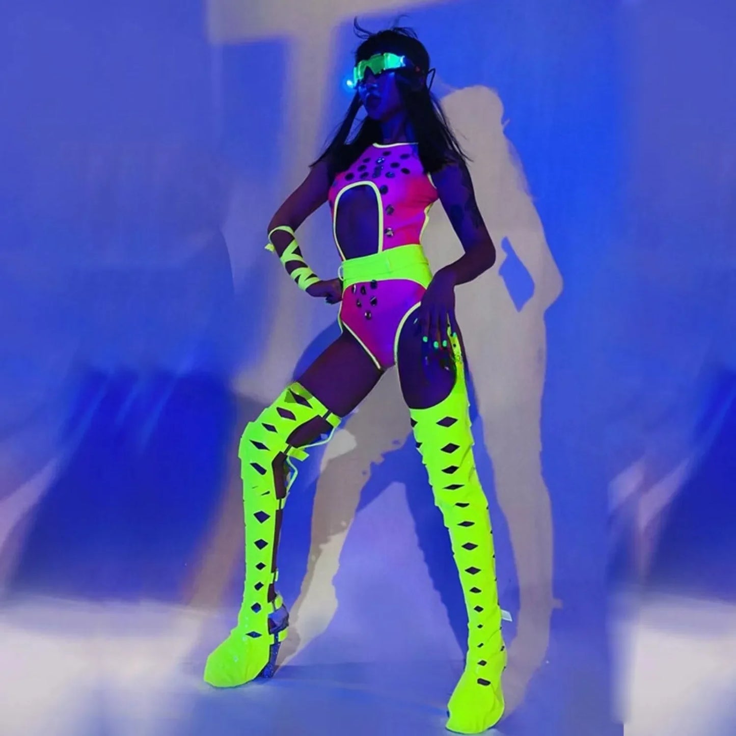 New Sexy Bar Nightclub Party Stage Costume Set Women Singer Team Outfit Bodysuit+Belt+Pants Legs+Lighting Glasses