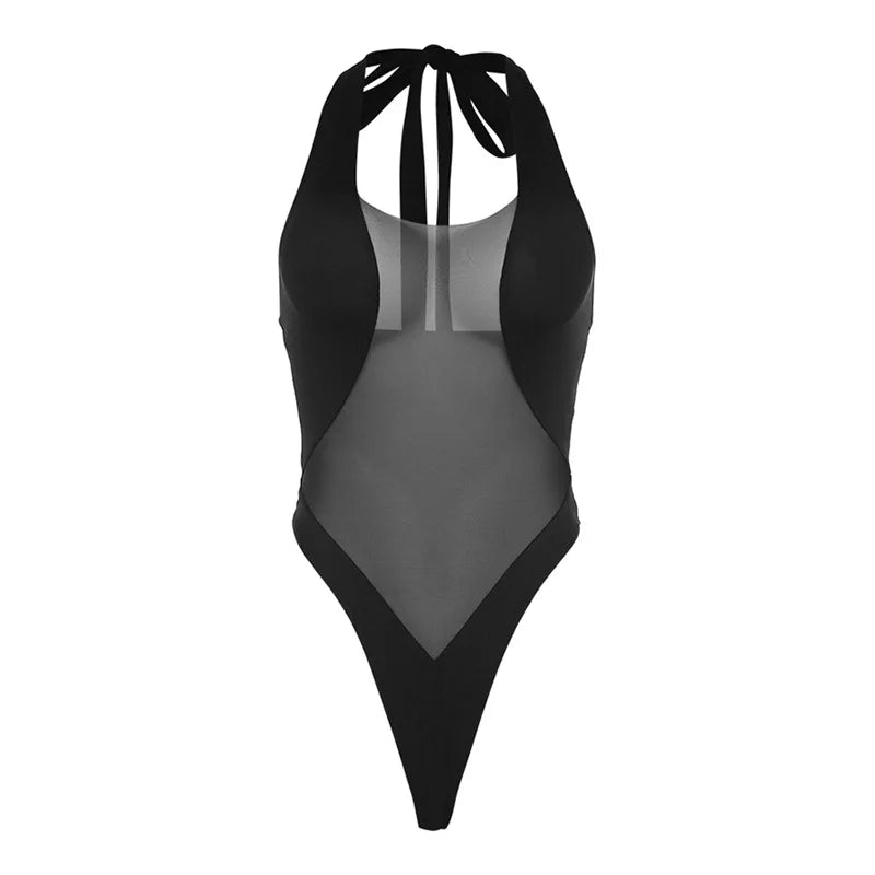2025 swimsuit female sexy black bikini neck hanging transparent mesh sexy backless slim fit hip hugging one-piece swimsuit