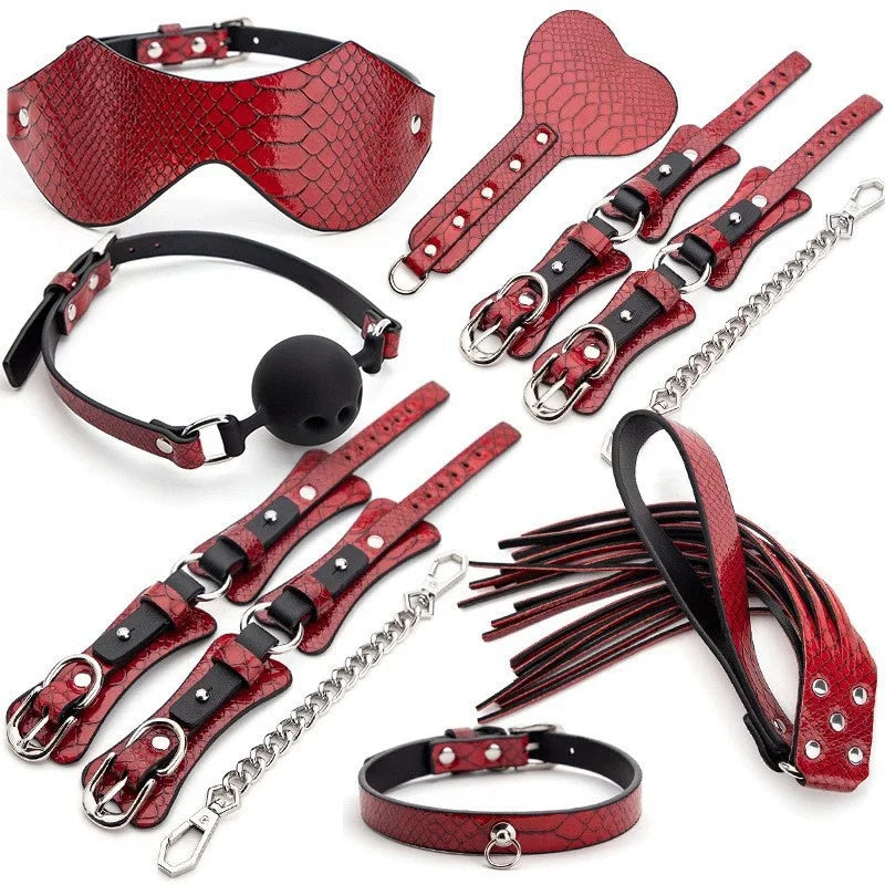 Genuine Leather BDSM Bondage Set - High Quality Fetish Handcuffs, Collar, Gag & Whip for Women, Couples Adult Erotic Sex Toys