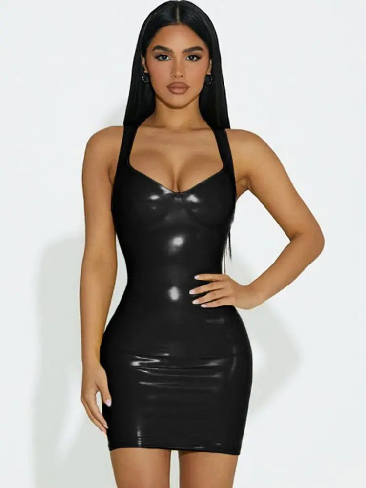 Sleevelss Wet Look PVC Vestido Deep V-neck Shiny PU Leather Hot Dress Tight Package Hip Minifalda Sexy Clubwear Camisole Dresses