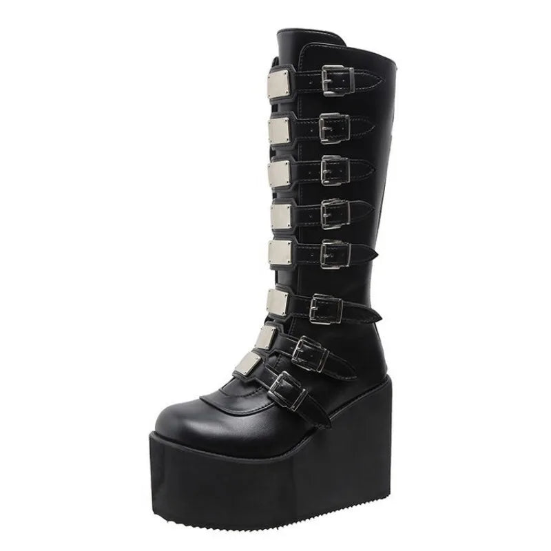 Women's Cosplay Boots Multi-row Belt Buckle Long Tube Leather Knight Boot Punk Gothic Classic Black High Heel Shoes Knee-High