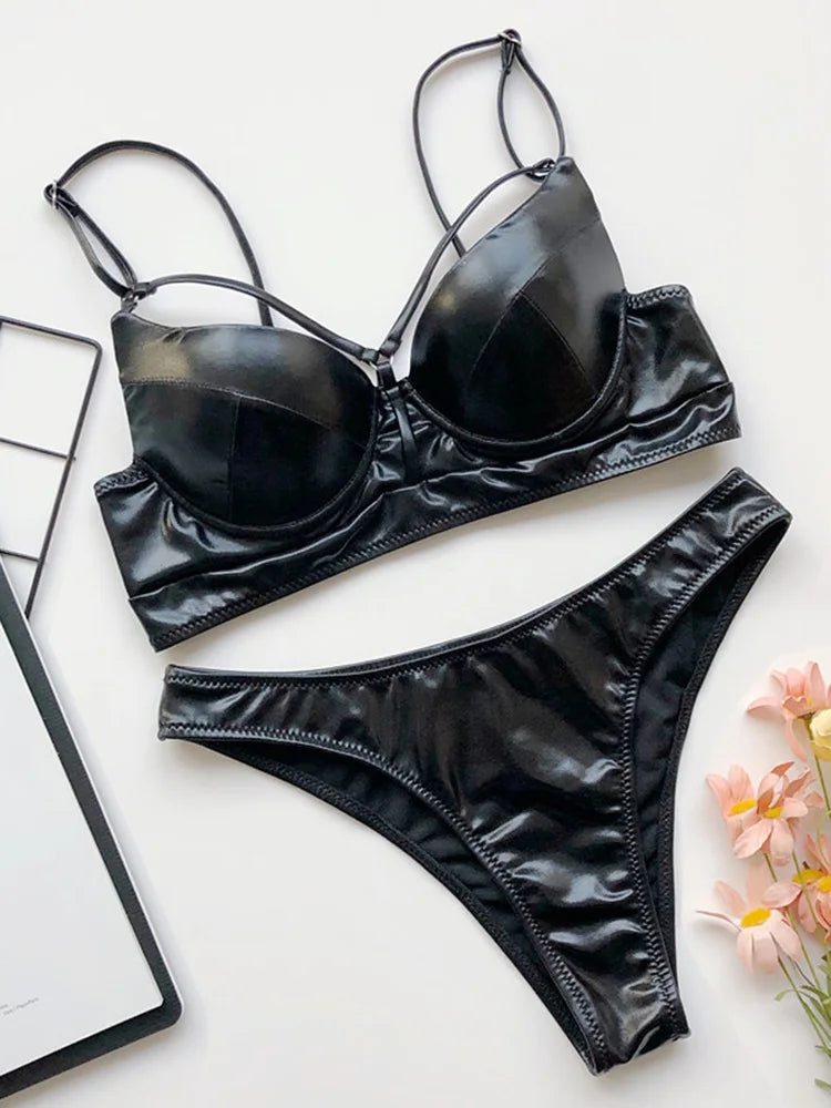 Shiny Faux Leather PU Bikini Women Swimsuit Bra cup