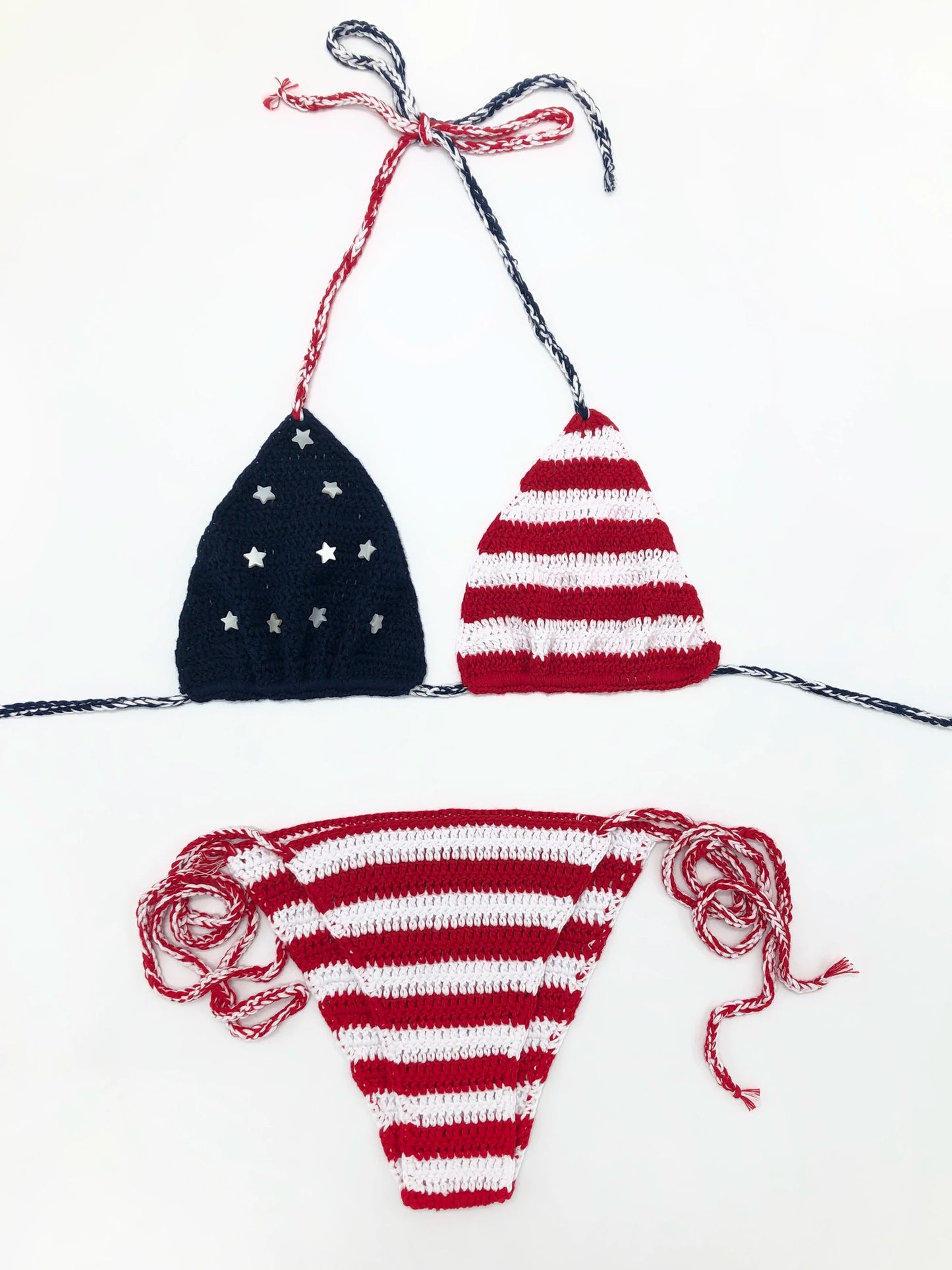 ASHBURNS USA American Flag Bikini Bathingsuit The Stars And The Stripes Handmade Crochet Beachwear Women String Bikini Set Two-Pieces