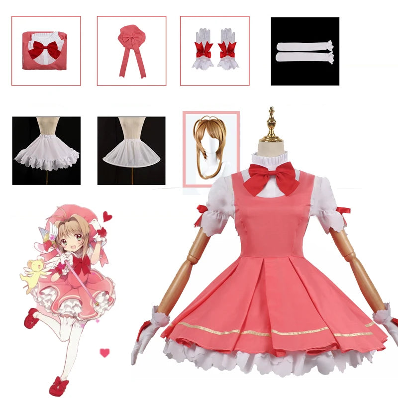 Anime Cardcaptor Sakura Card Captor Cosplay Kinomoto Sakura Cosplay Costume Wig Pink Lolita Dress Halloween Fancy Cos Party Suit