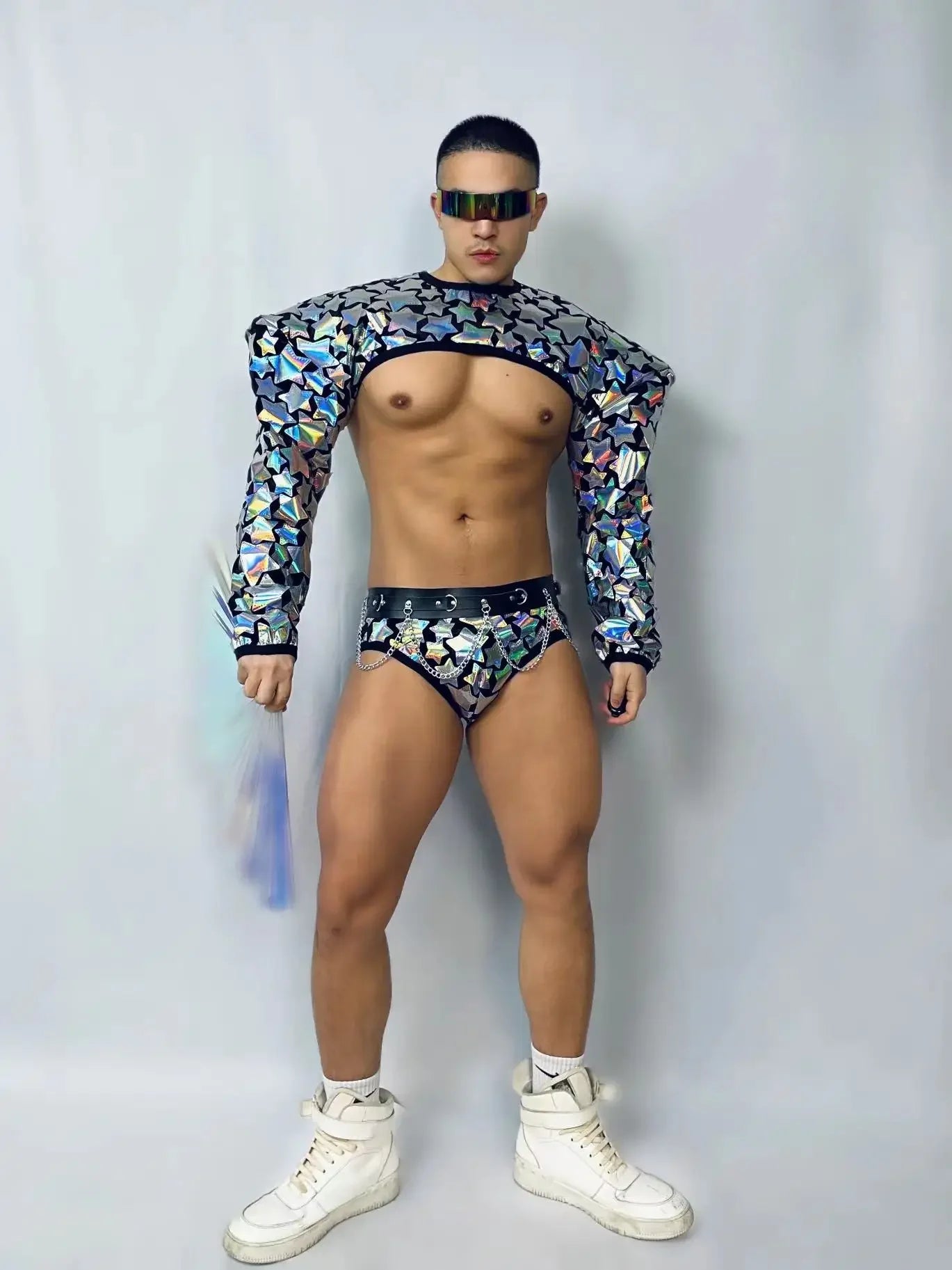Club Party Show Performance costume Bar Nightclub sexy Technology show men RED Mirror Sequins Muscle Man Pole Dance Outfits