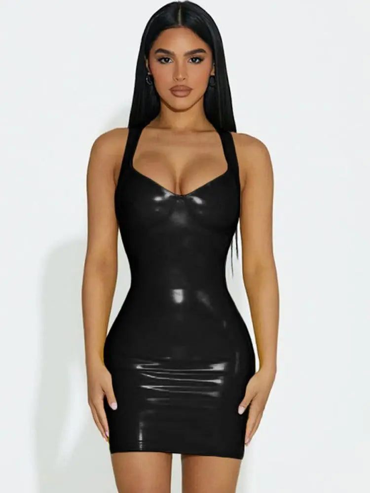 Sleevelss Wet Look PVC Vestido Deep V-neck Shiny PU Leather Hot Dress Tight Package Hip Minifalda Sexy Clubwear Camisole Dresses