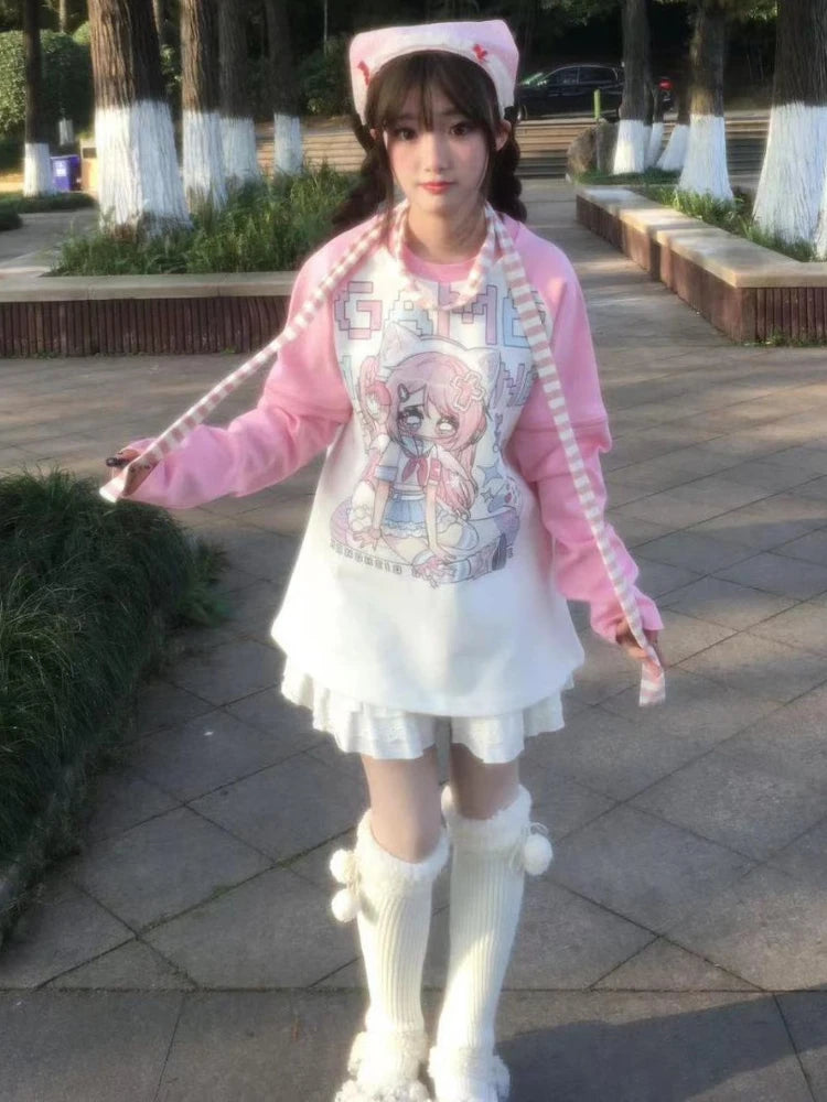 Autumn Japanese Cartoon Print Hoodie Women Clothing Patchwork Y2k Aesthetic Tops 2025 Oversized Casual Zipper Grunge Sweatshirt