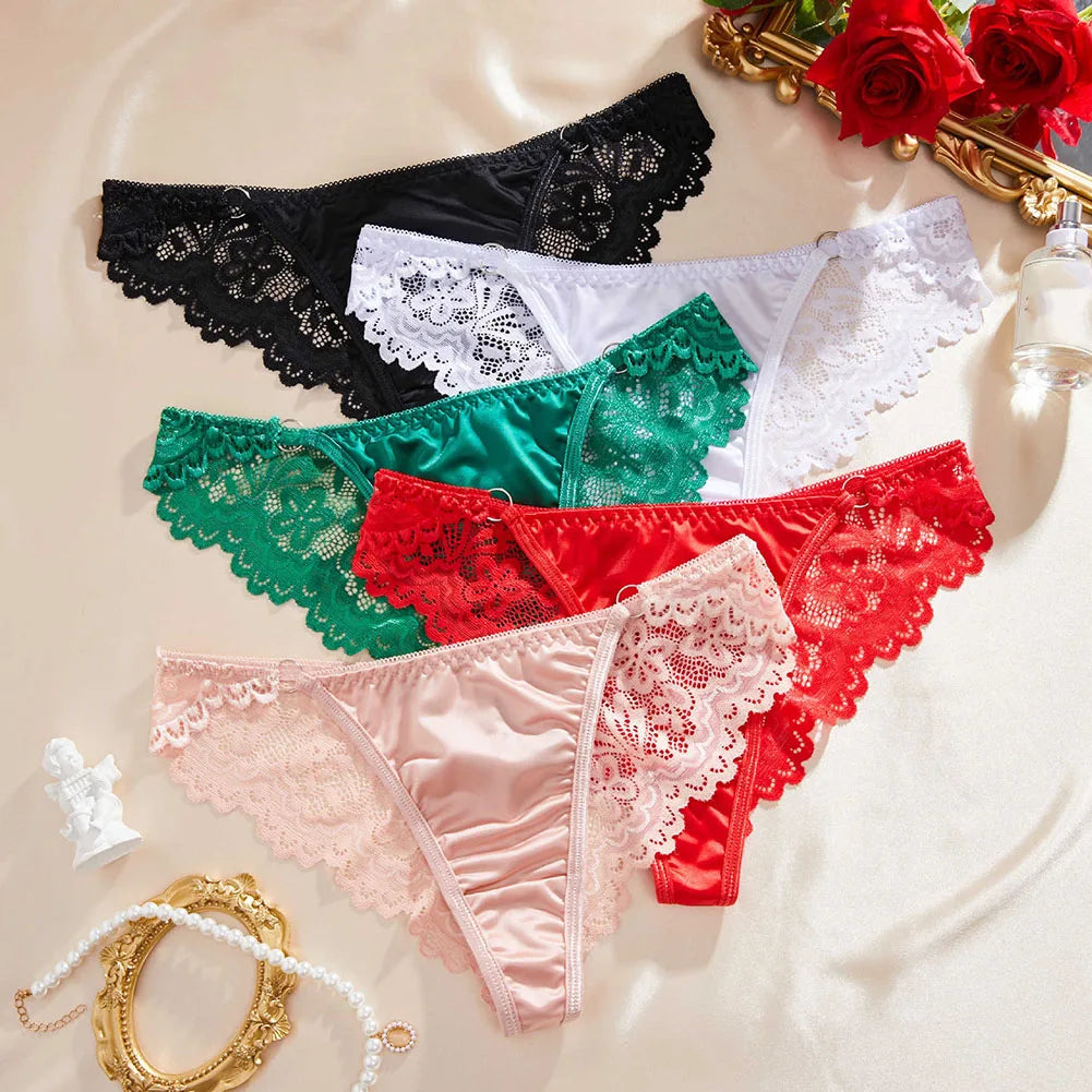 1pc Women's Satin Silky Knickers Sexy Bikini Briefs Underwear See Through Lace Panties Low Waist Female Thongs