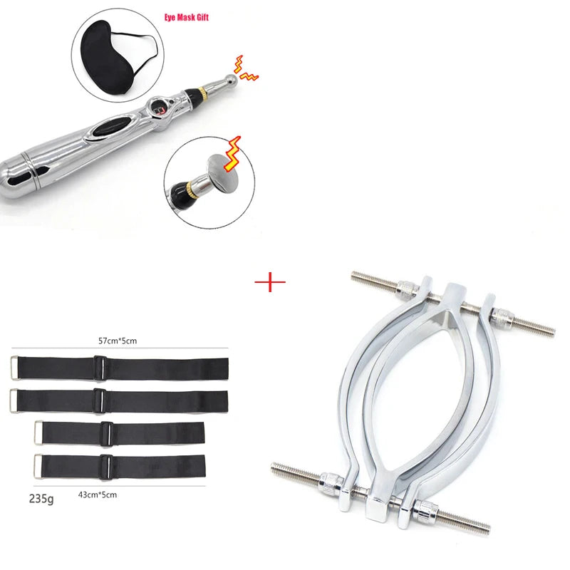 BDSM Set Electric Shock G-Spot Clitoris Stimulator Vaginal Pen Hand Arm To Thigh Cuff Bondage Metal Labia Clip Exotic Sex Toys