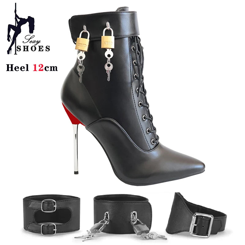New High Heel 12cm Stilleto Sexy Ankle Boots Pointed Toe Two Lockable Padlocks Women Shoes T Show Thin High Heels Plus Size