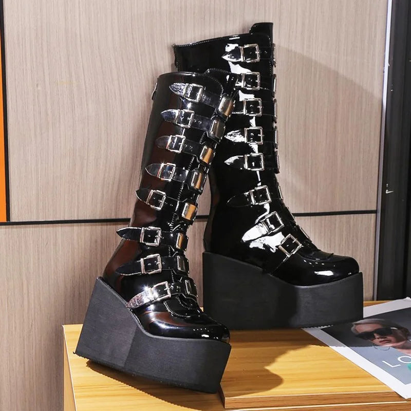 Women's Cosplay Boots Multi-row Belt Buckle Long Tube Leather Knight Boot Punk Gothic Classic Black High Heel Shoes Knee-High