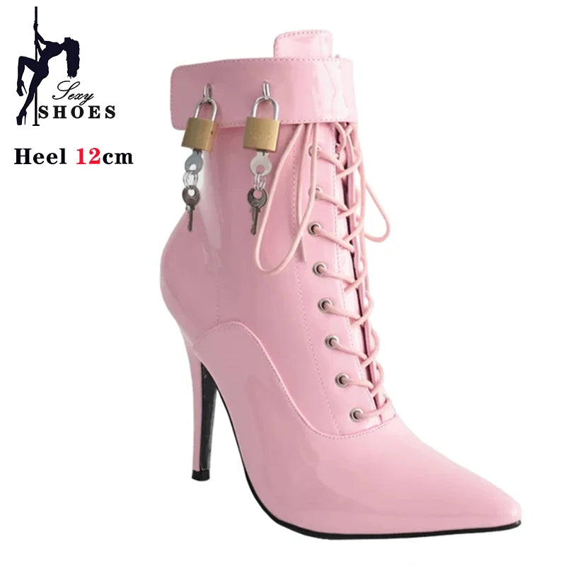 Women Pointed Toe Ankle Strap Boot 12cm Sexy Cross-tied Metal Thin High Shoes Stiletto Buckle Boots with Padlocks Lockable Boots