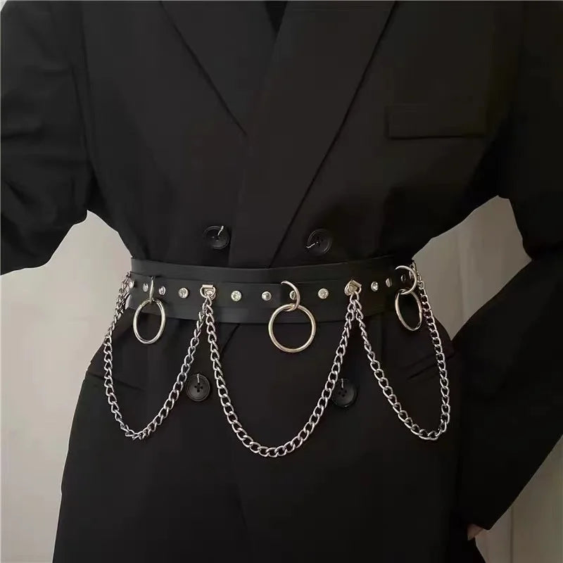 Moon Pendant Chain Fringe Goth Belt Punk Black PU Leather Belts Vintage Waistband For Women Girls